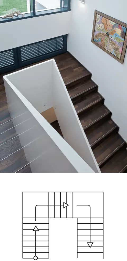 Schody dwubiegunowe drewniane dywanowe wewnętrzne